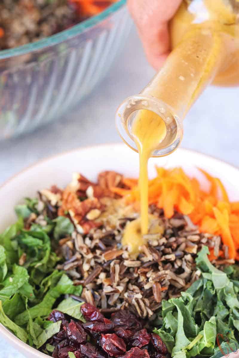 Wild Rice Salad - Scrumptious, Bursting with citrus flavors, Loaded with Vitamin C rich Kale and Vitamin A rich Carrots, lots of Pecans and cranberries for extra crunch and taste, Vegan Salad recipe that can be enjoyed at any time of the year.