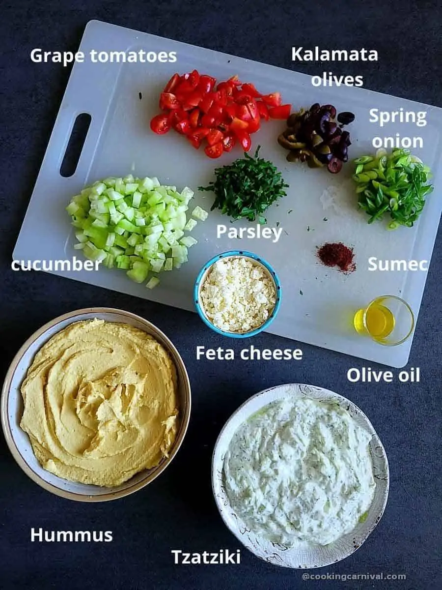 Pre measured ingredients for 7 layer greek dip