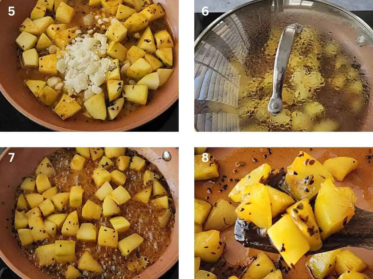 add jaggery and water in raw mangoes. Then cook for few minutes.