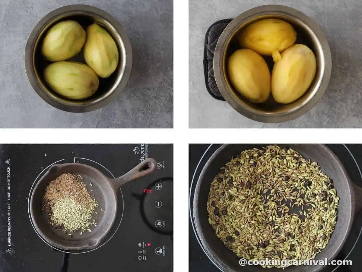 boiling raw mango in pressure cooker and roasting cumin seeds, fennel seeds, and black pepper in cast iron pan.