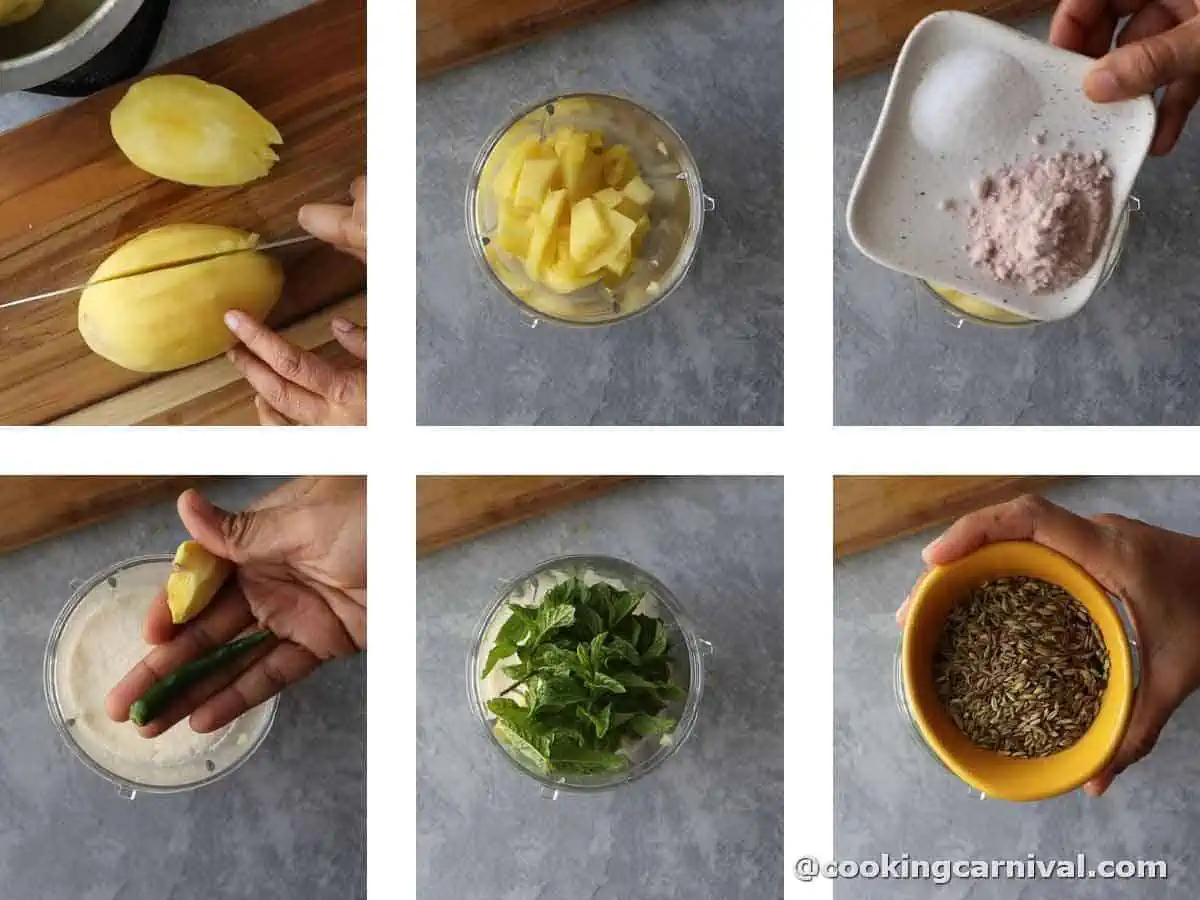 mixing cooked mangos, salt, mint, ginger, cumin seeds, fennel seeds and black pepper corn in a blender jar for making mango syrup.