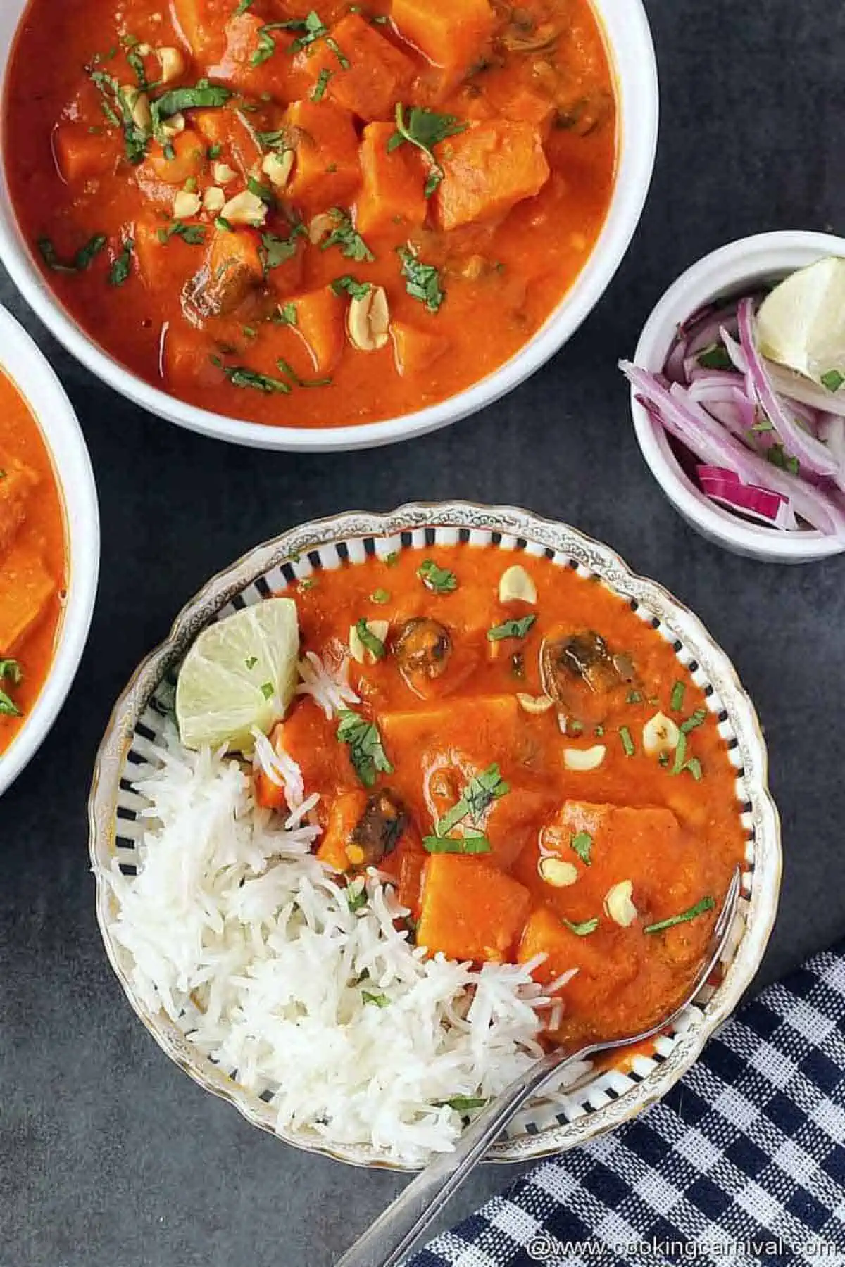 African peanut stew with rice in a bowl.