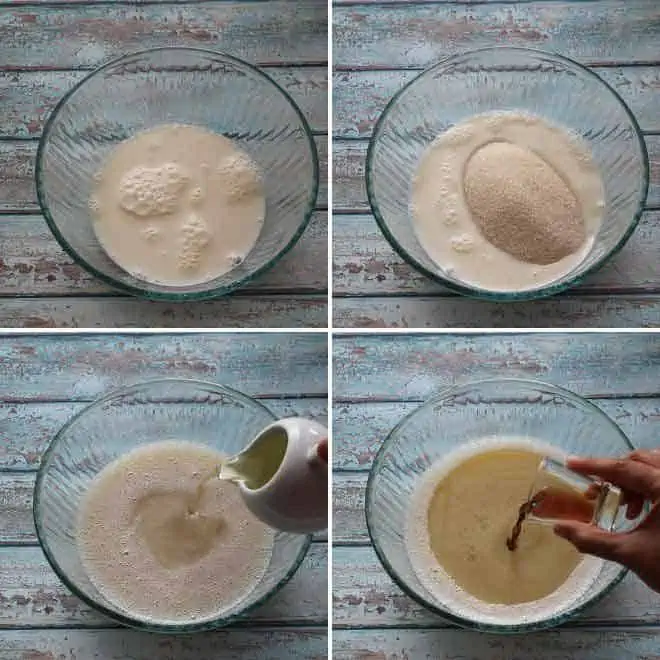 mixing sugar, milk, oil and vanilla in a bowl