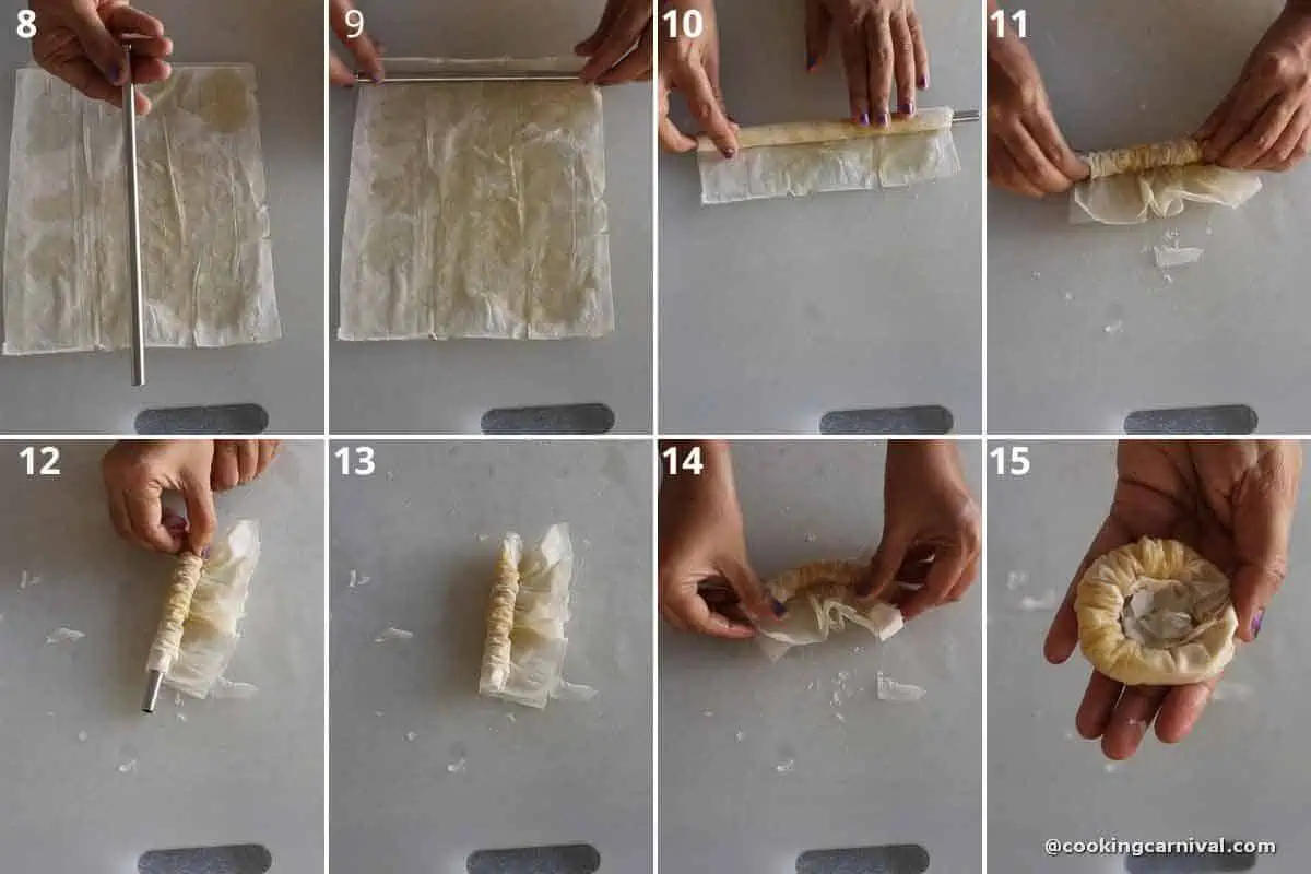 shaping filo pastry into bracelet shape