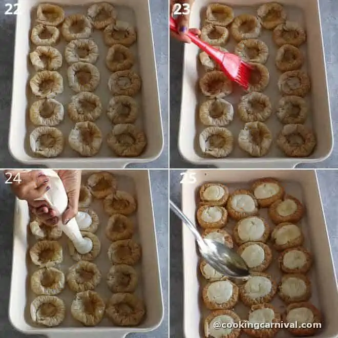 filling the baklava bracelet with cheesecake filling, baking them and pouring sugar syrup on baklava bracelet