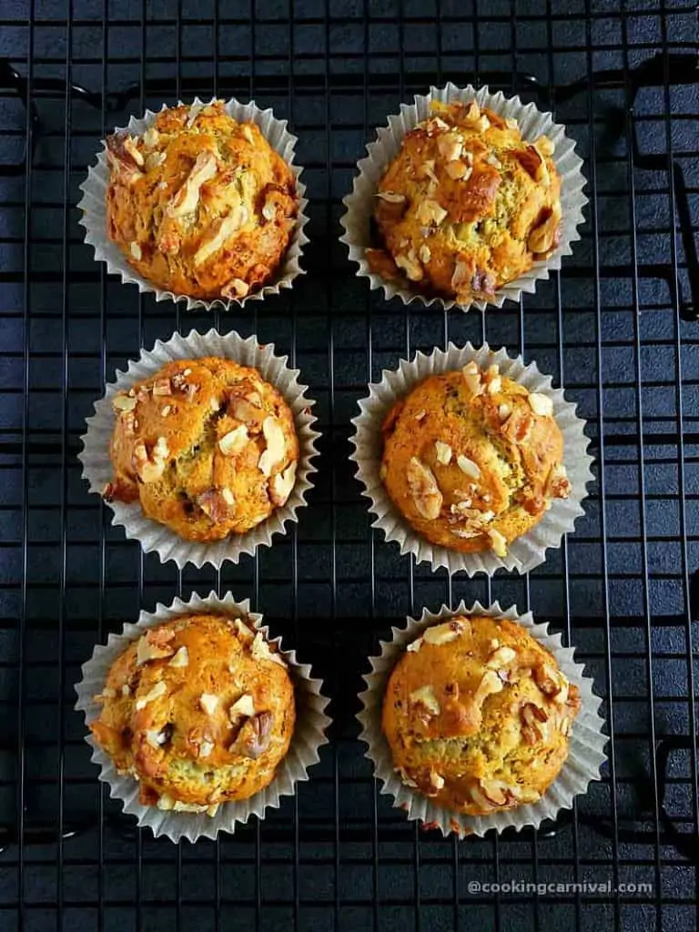 Banana walnut muffins on a cooling rack