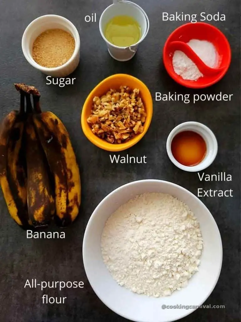 premeasured ingredients for Banana walnut muffins