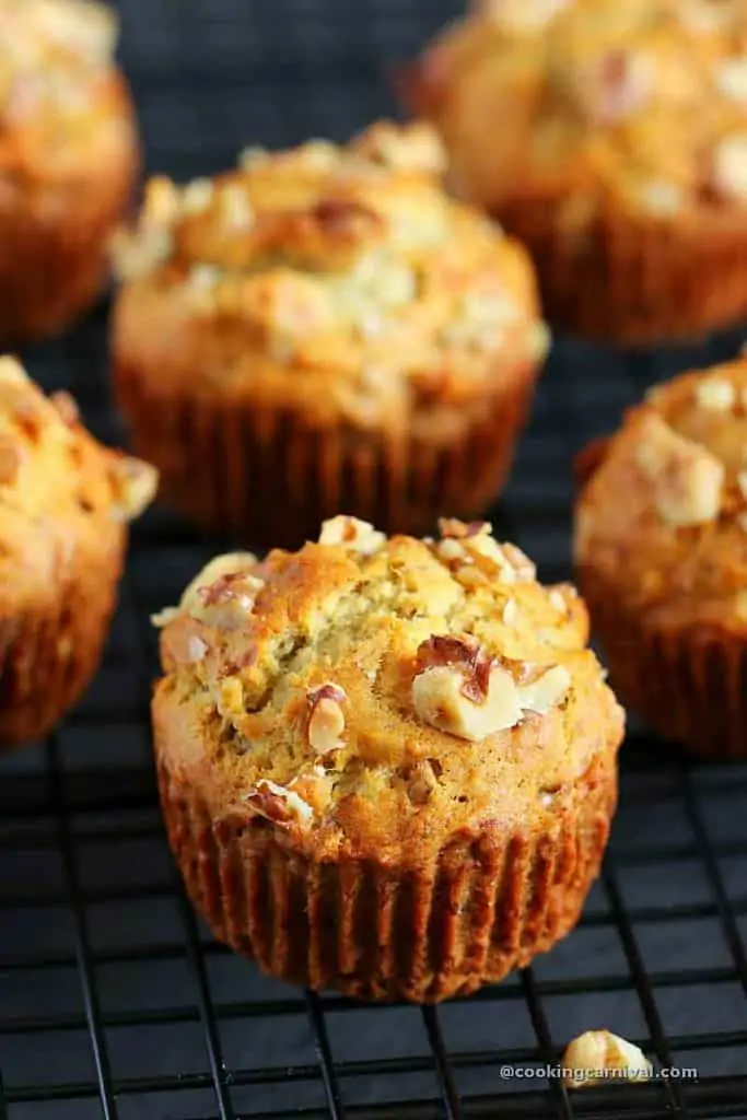 close up shot of Banana walnut muffins