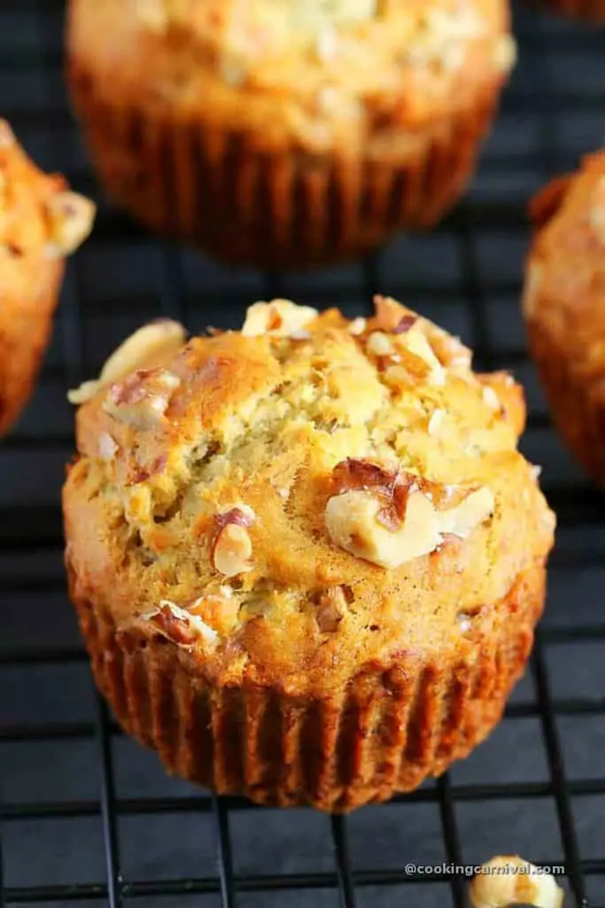 close up shot of Banana nut muffins