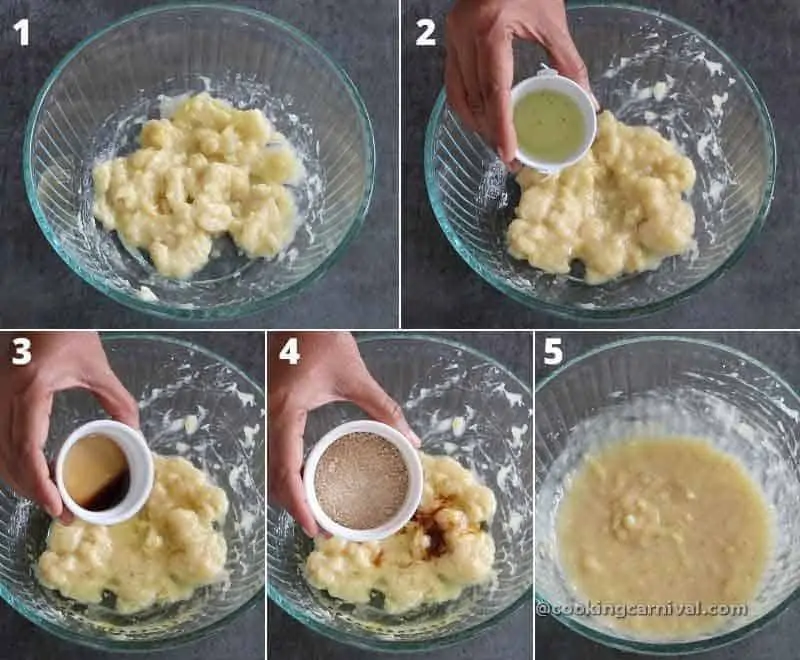 Collage of mixing banana, sugar, oil, vanilla in a bowl