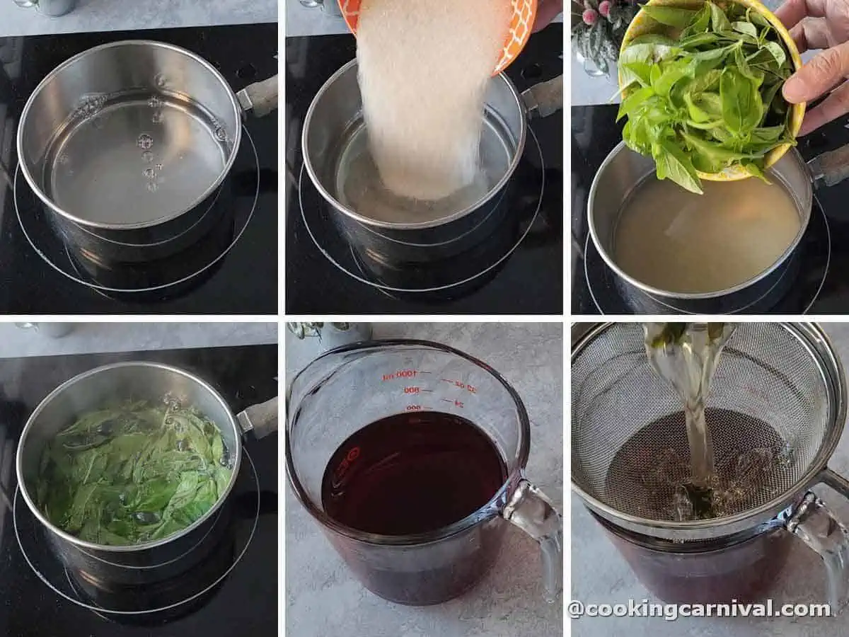 step by step process of making basil simple syrup.