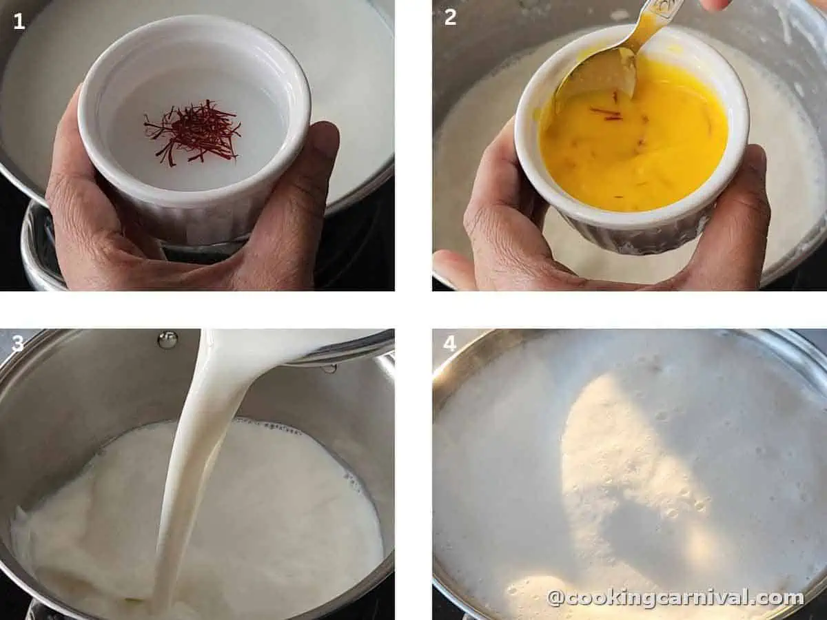 soaking saffron in milk and boiling milk to make Indian dessert.