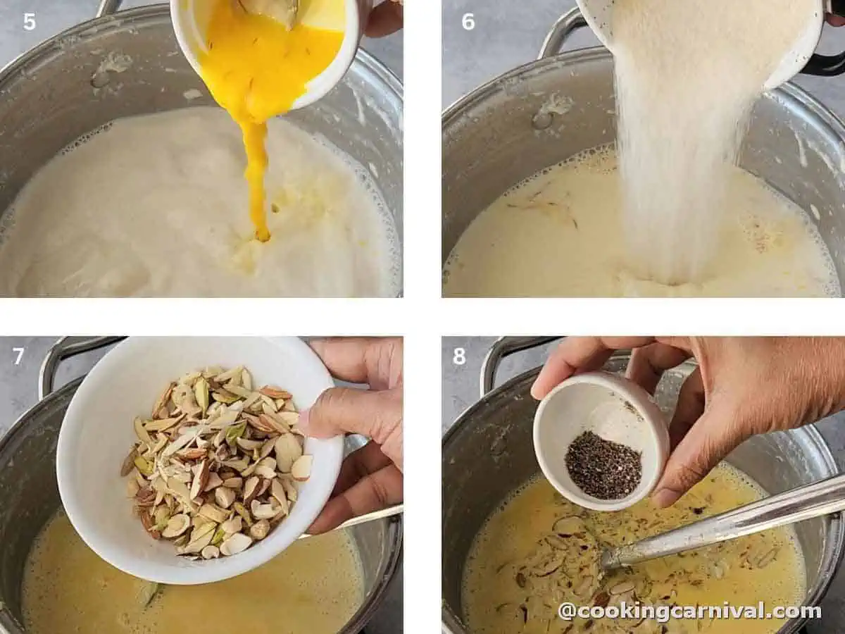 adding saffron, sugar, nuts and cardamom powder in reduced milk.