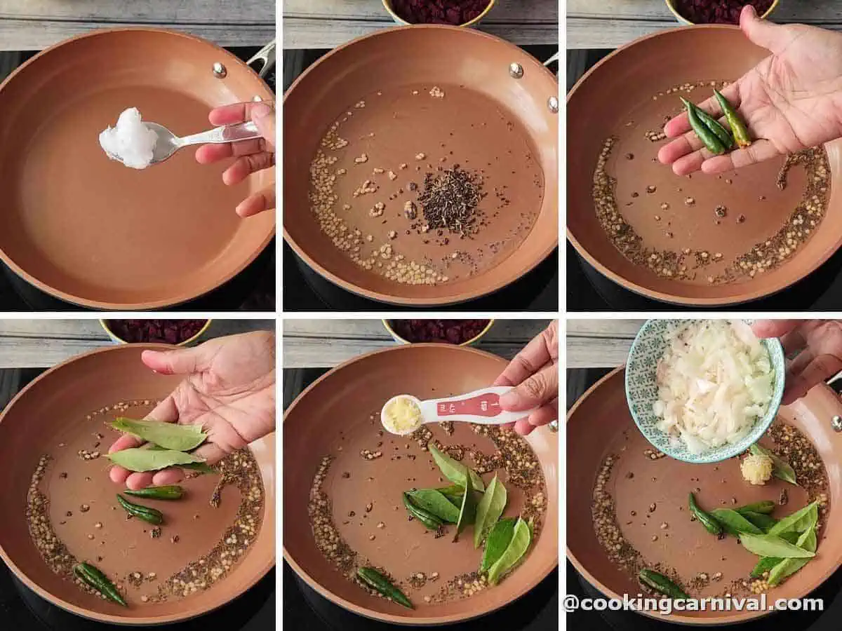 Sauteing onion, garlic, green chili, curry leaves with mustard seeds and cumin seeds in coconut oil.