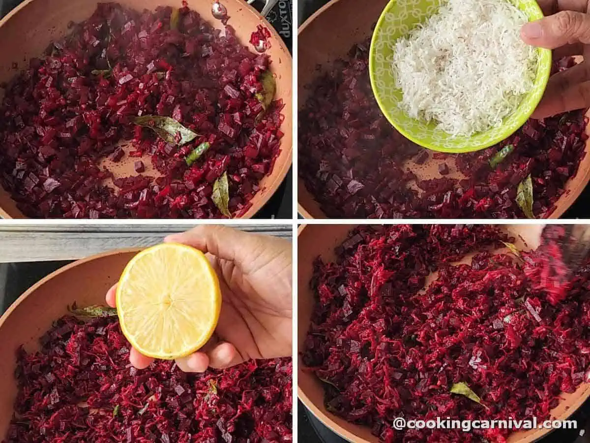 adding fresh coconut and lemon juice to cooked beetroot.