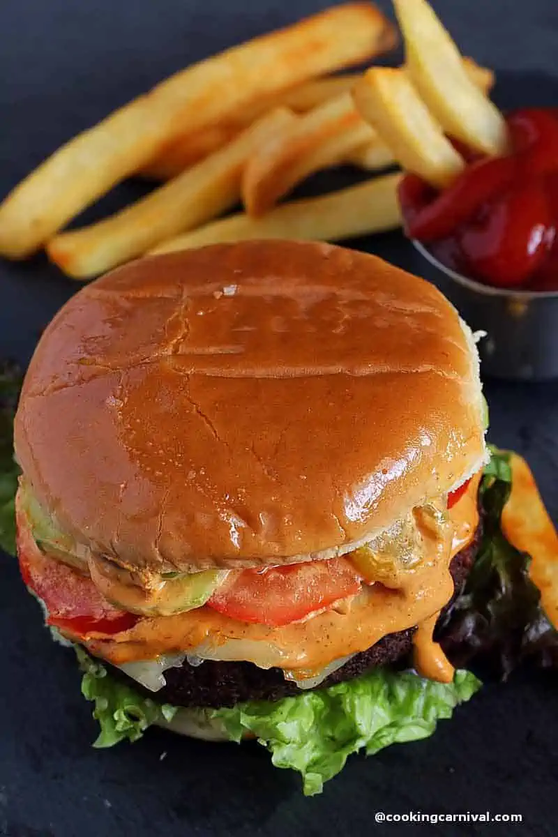 Black bean quinoa burger with fries