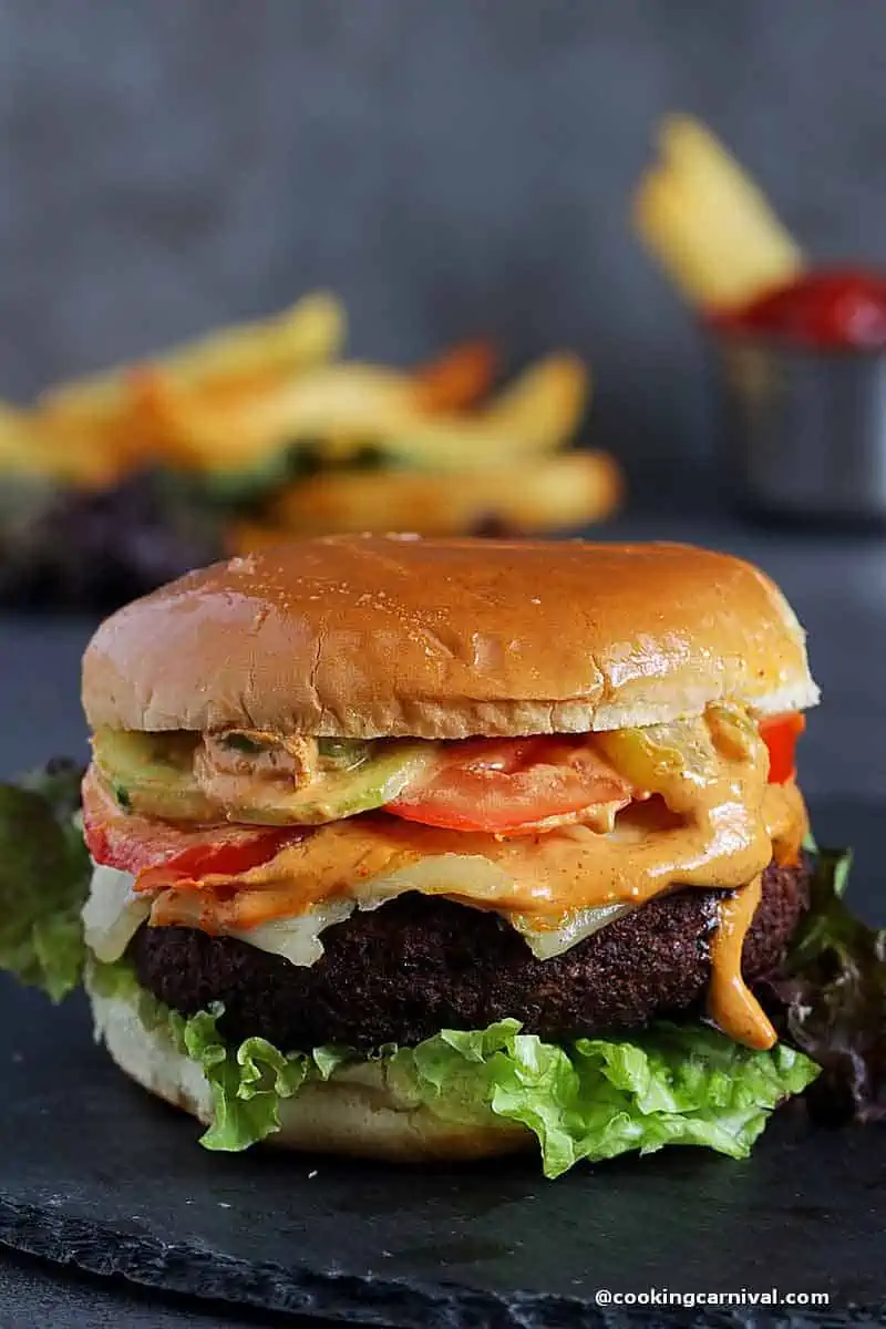 Black Bean Quinoa Burger on a black cheese board