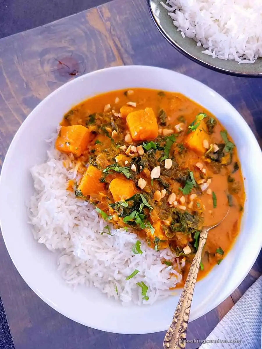 Butternut Squash Curry with rice in a bowl