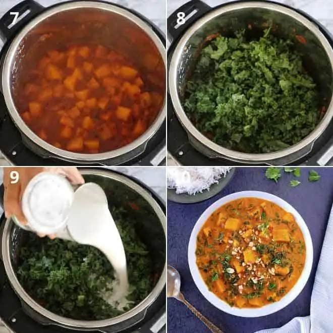 collage of adding kale, coconut milk in Butternut Squash Curry