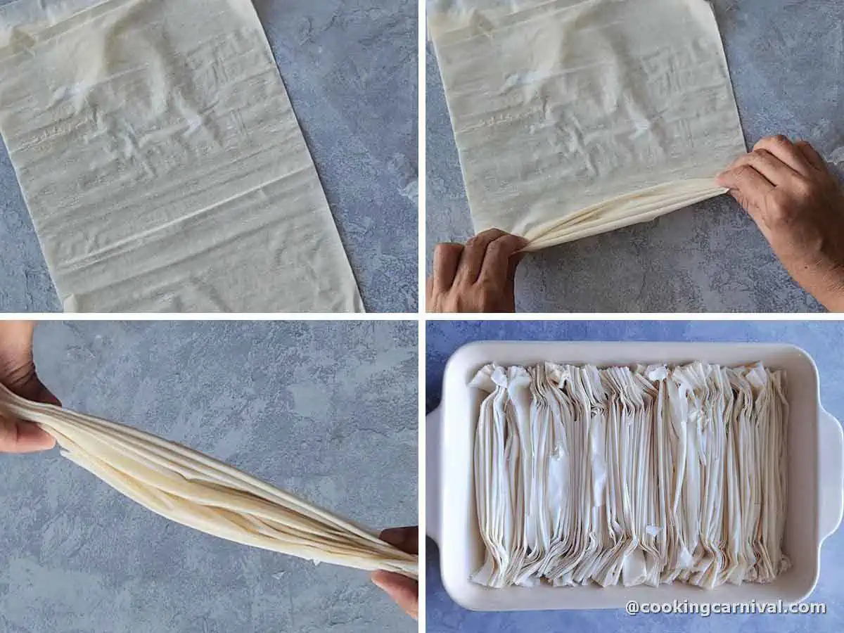 folding phyllo pastry sheets to make crinkle cake.