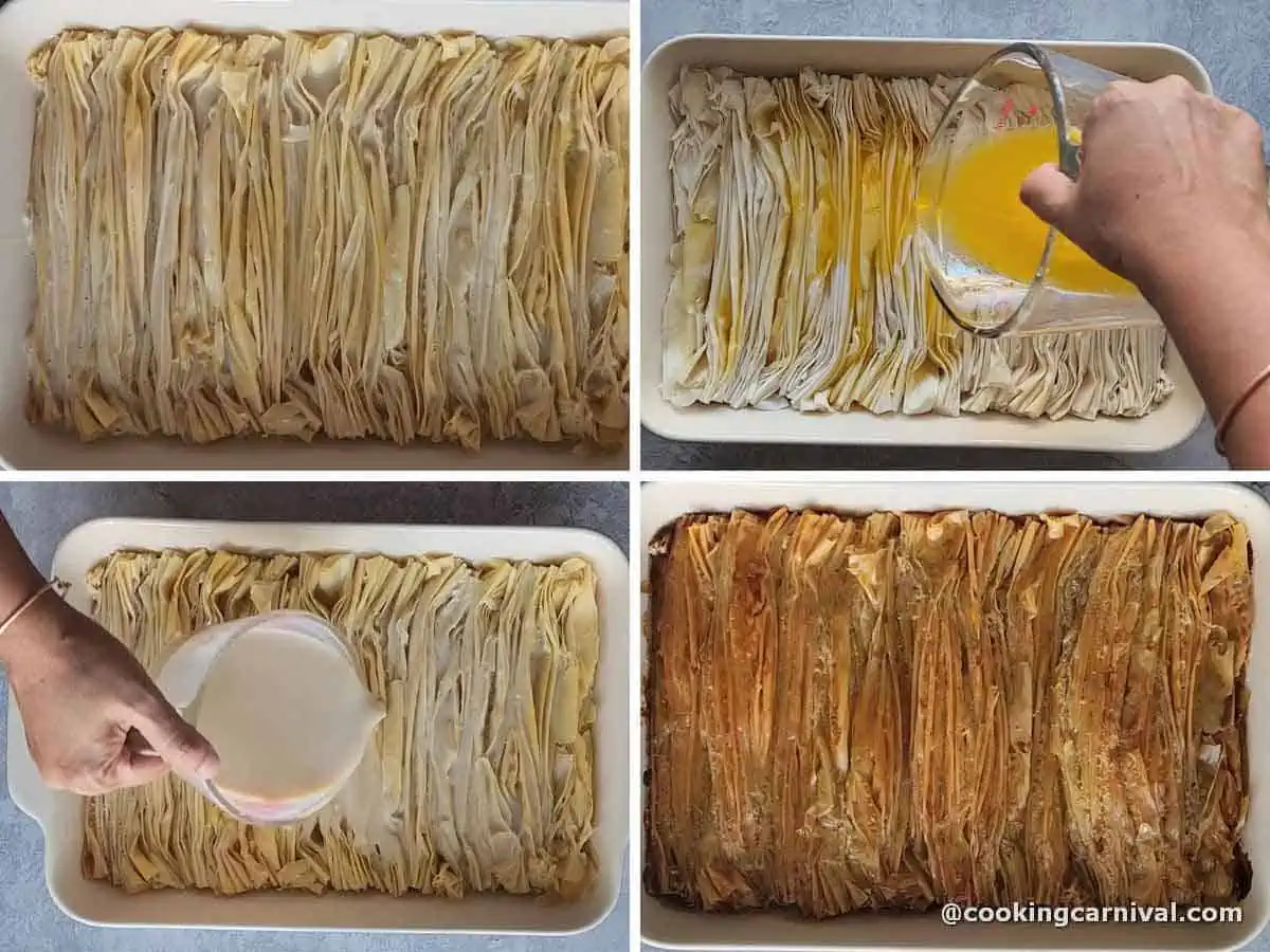 pouring butter, custard and sugar syrup on baked phyllo sheets.