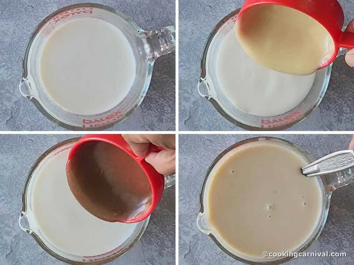 process of making eggless butterscotch custard. 