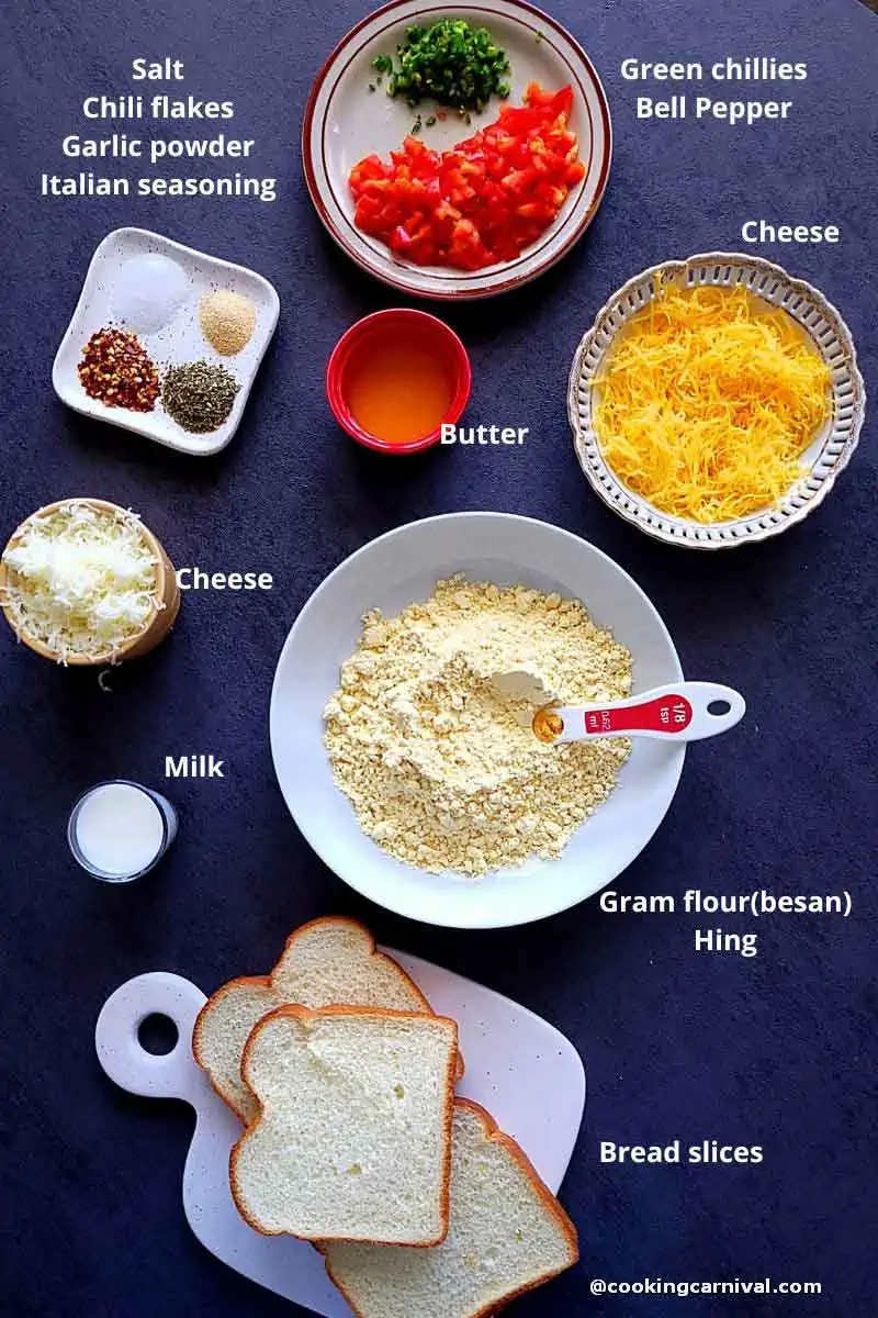 Pre-measured ingredients for cheese chilli bread pakora