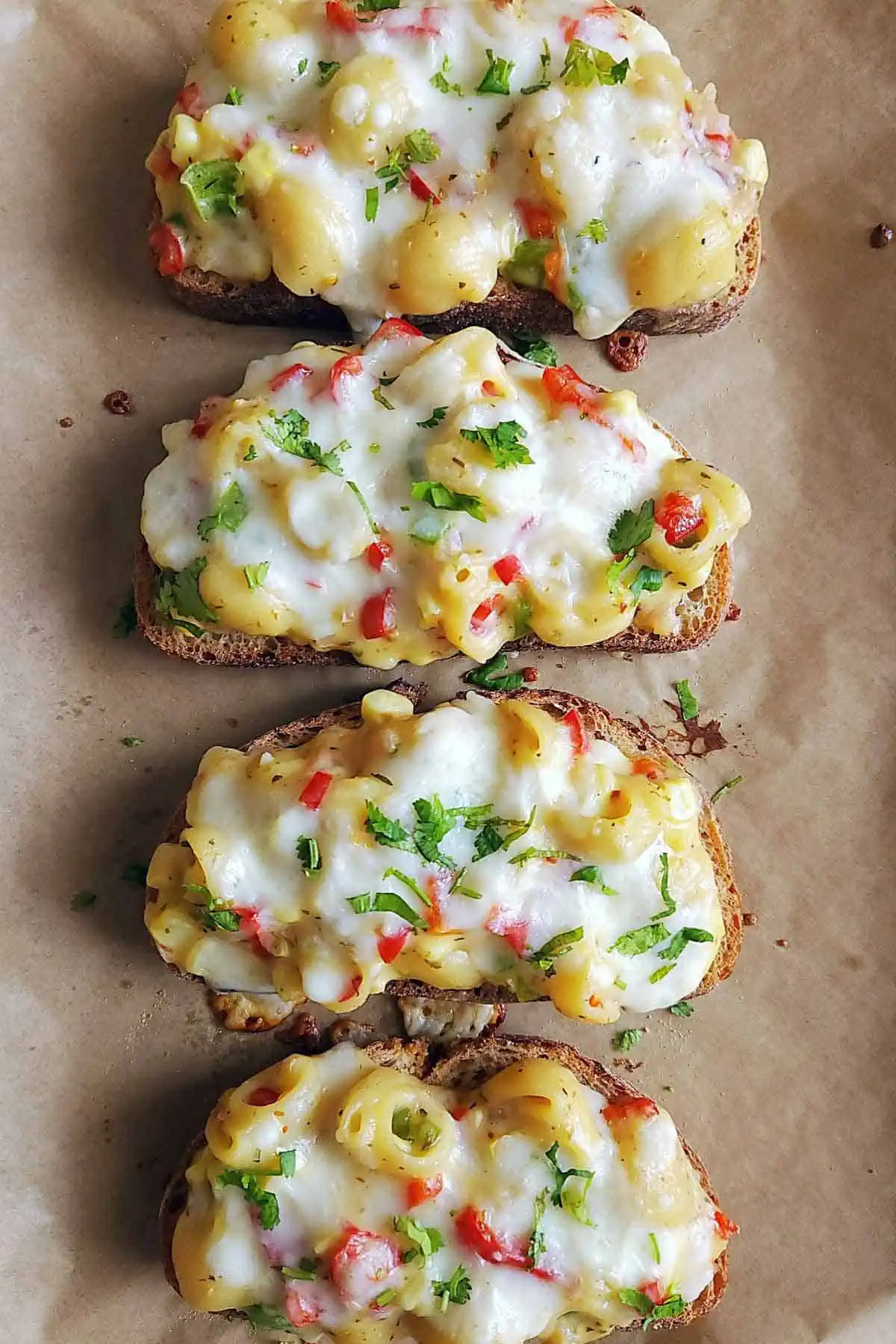 Cheese Corn Pasta Open Sandwich on a baking tray