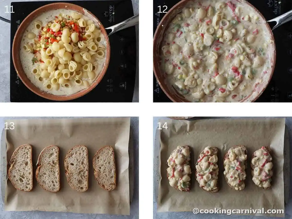 adding sauted vegetables, cooked pasta in white sauce. Making open sandwich.