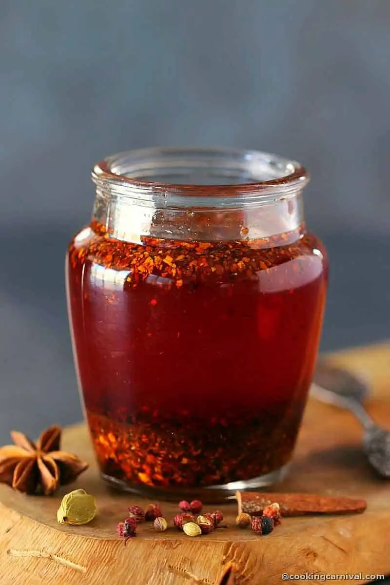 Chinese classic condiment, Chili oil in a glass bottle