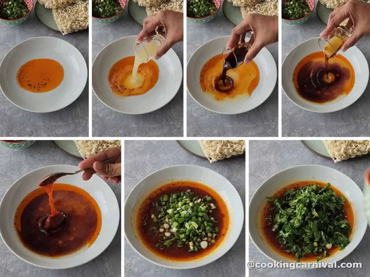 Collage of making gochujang sauce for noodles. 