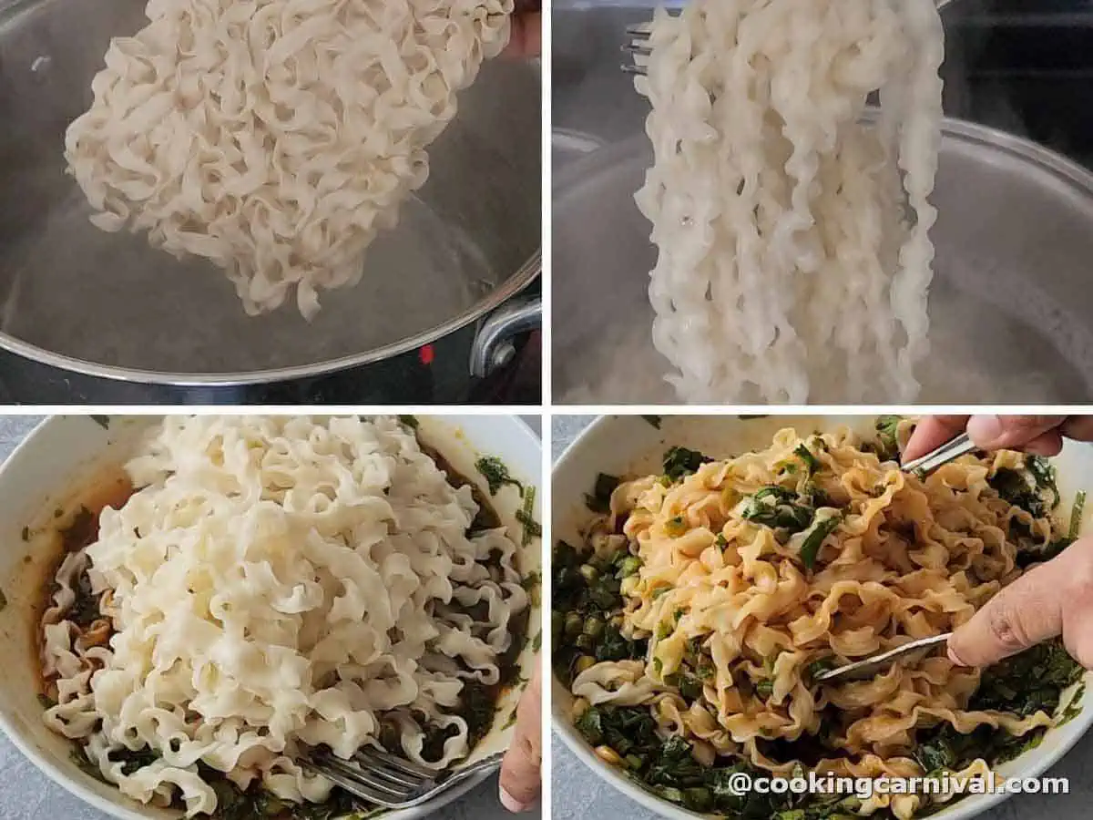 Boiling knife cut noodles and then mixing them with gochujang sauce.