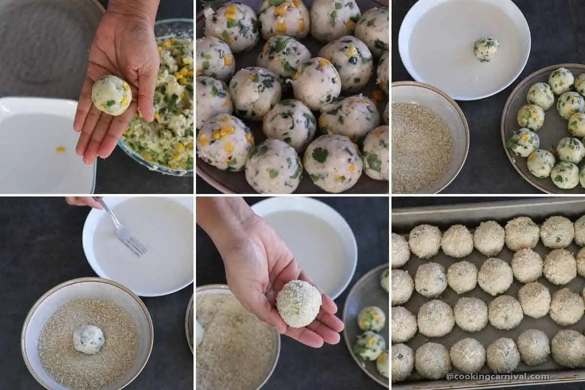 collage of rolling cheese corn balls, then dipping them in flour batter and coating them with bread crumbs