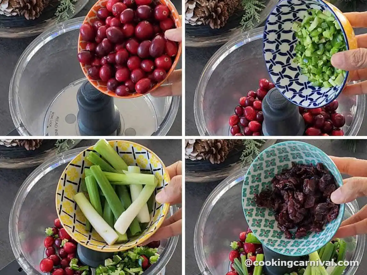 Pulsing fresh cranberries, craisins, jalapeno, and onion in a food processor.