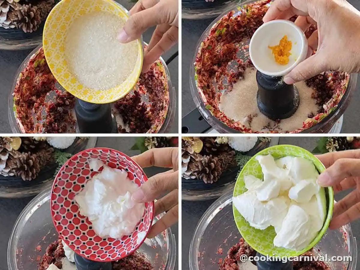 Adding cream cheese sour cream to cranberry salsa.