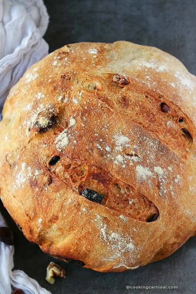 closer shot of no knead cranberry walnut bread