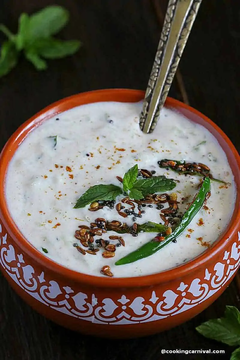 close up shot of indian condiment cucumber raita