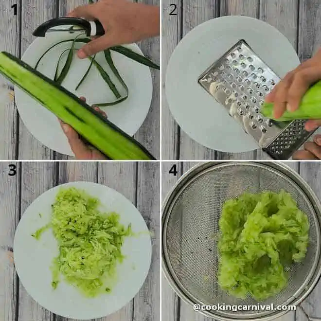 Peeling and grating cucumber. Then squeezing grated cucumber to get rid of excess water