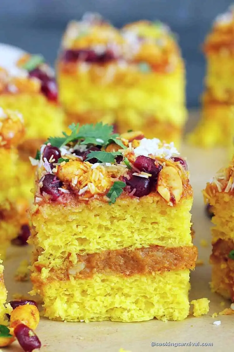 Close up shot of dabeli dhokla