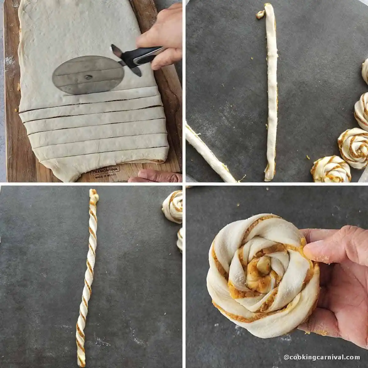 cutting the pastry sheet and shaping them into swirls.