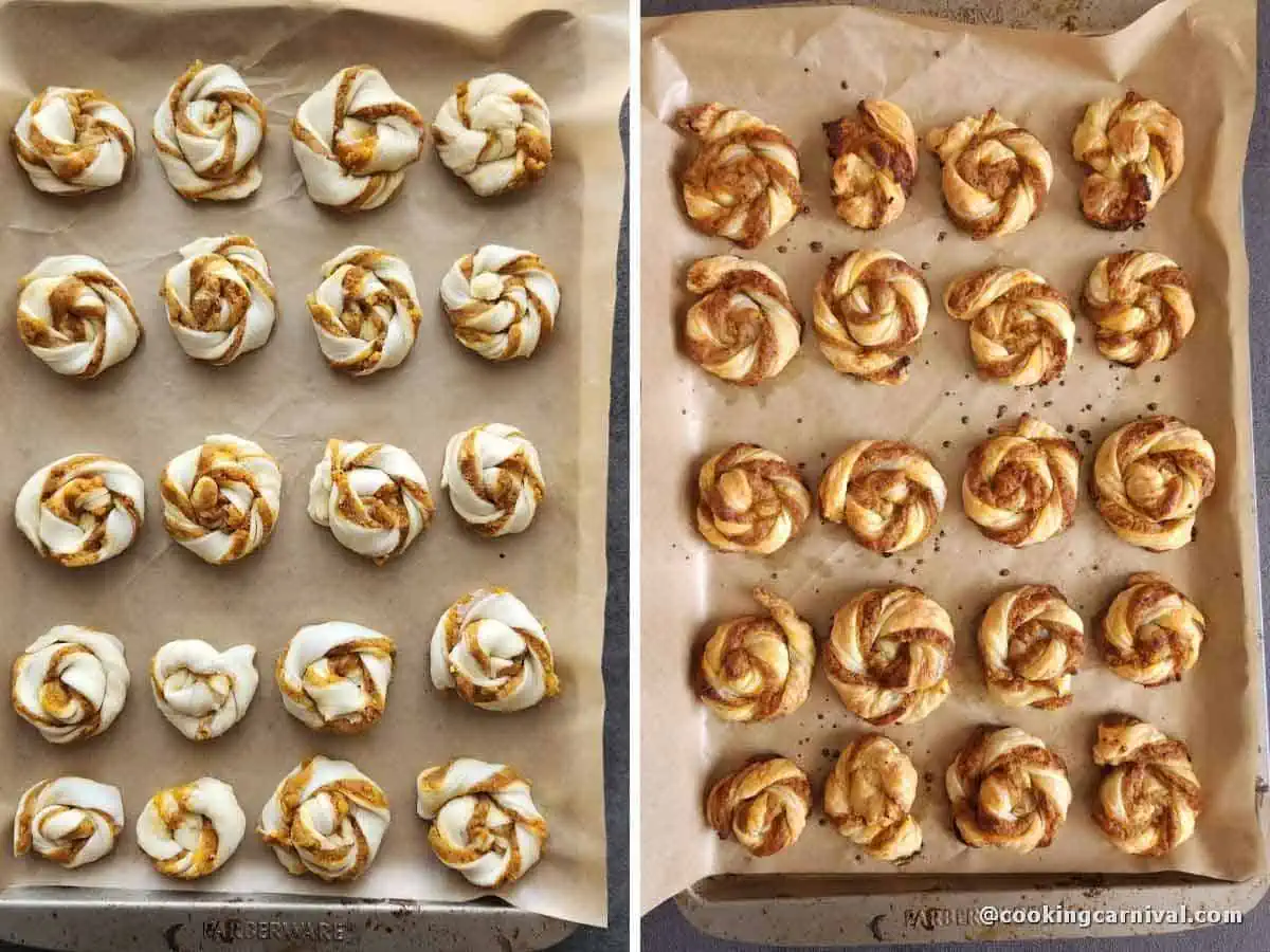 collage of baking puff pastry swirls.