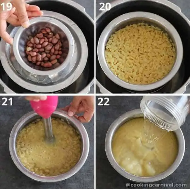 collage of grinding cooked dal with hand blender