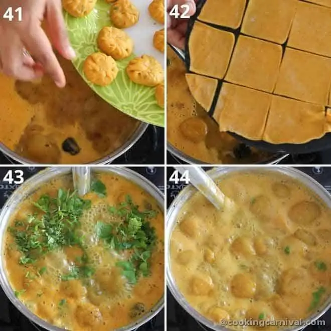 collage of adding dhokli in dal