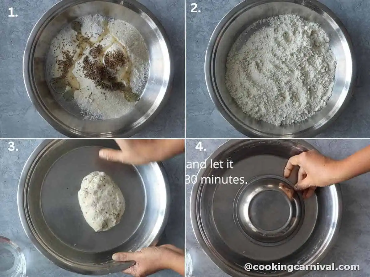 Adding the salt, carom seeds, cumin seeds, oil in sooji and all purpose flour. Knead dough for pakwan.