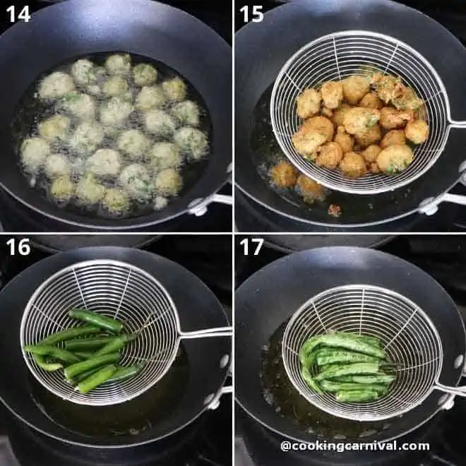 frying lentil fritters and green chilies