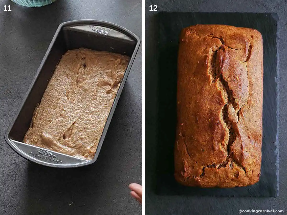 images of unbaked loaf cake and baked loaf cake.