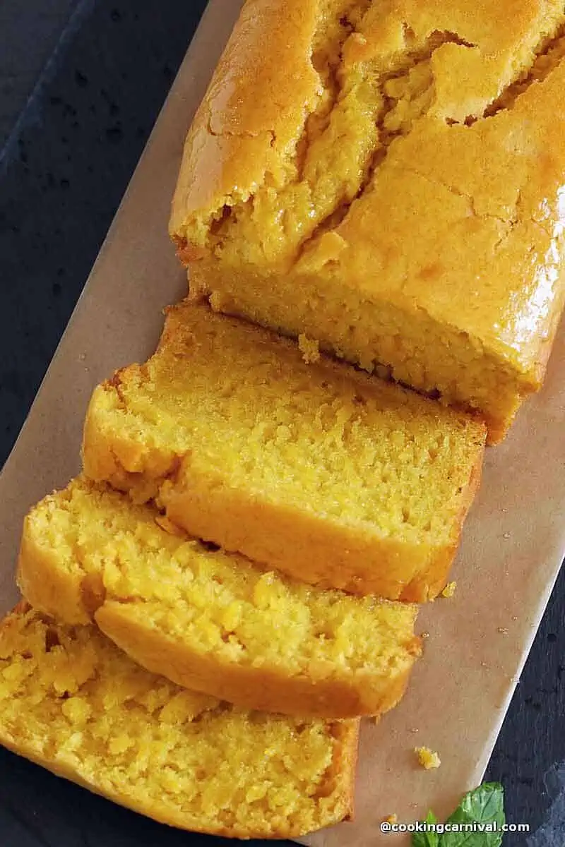 Eggless Mango cake slices on black board