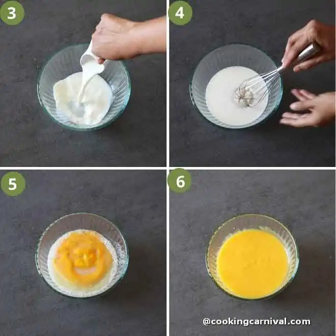 collage of mixing wet ingredients to make mango cake