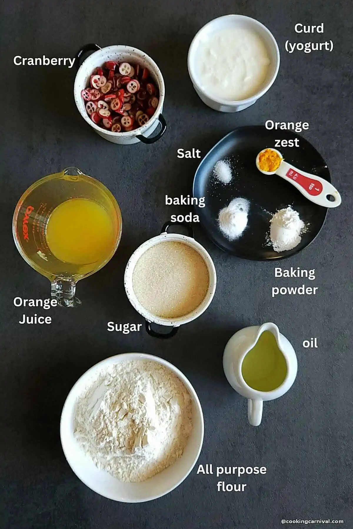 Premeasured ingredients for Eggless Orange Cranberry Bread