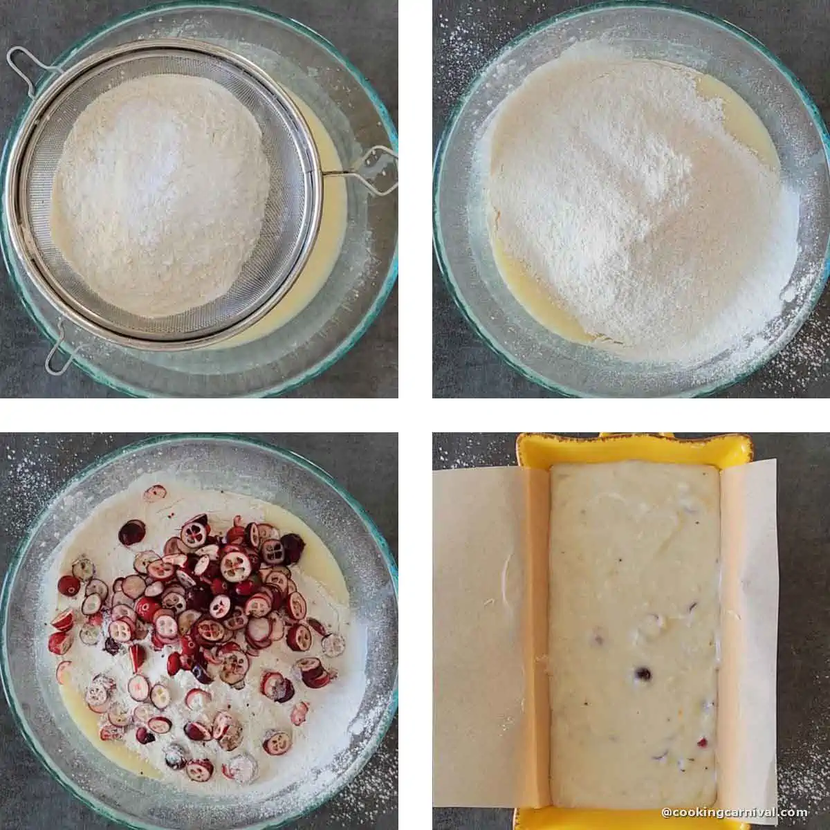 mixing wet ingredients and dry ingredients to make orange cranberry bread batter.